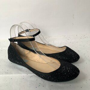 Blue Betsey Johnson Joy Black Beaded Encrusted Ballerina Flats Ankle Strap - 7.5